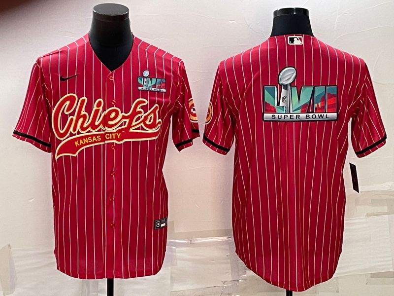 Men's Kansas City Chiefs Red With Super Bowl LVII Big Logo Cool Base Stitched Baseball Jersey Men's Kansas City Chiefs Red With Super Bowl LVII Big Logo Cool Base Stitched Baseball Jersey