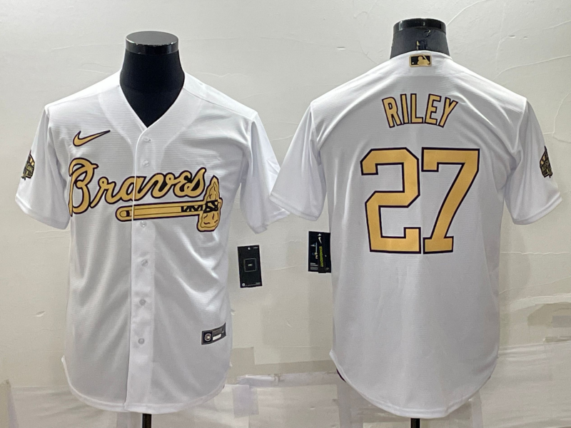 Men's Atlanta Braves #27 Austin Riley 2022 All-Star White Cool Base Stitched Baseball Jersey Men's Atlanta Braves #27 Austin Riley 2022 All-Star White Cool Base Stitched Baseball Jersey