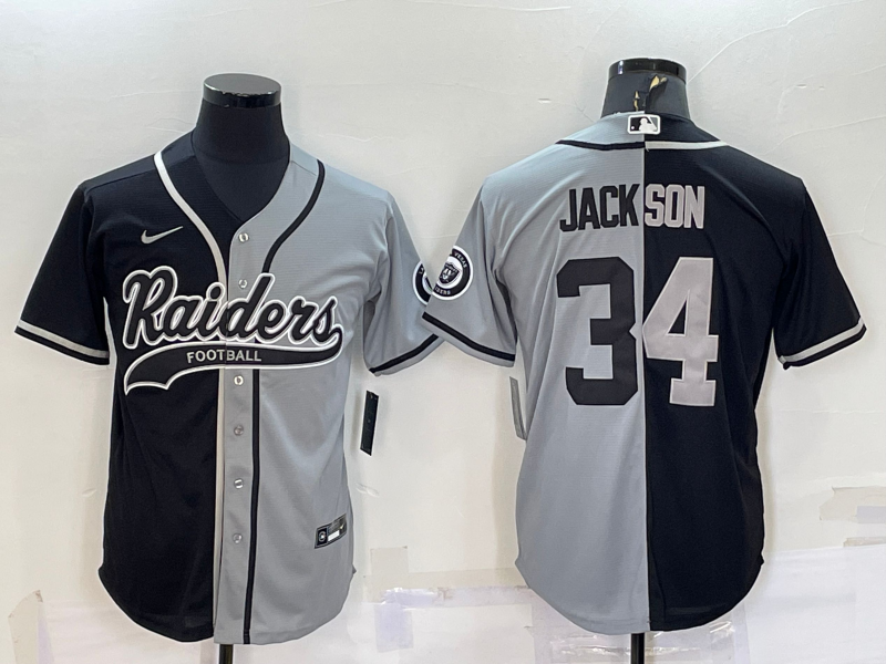 Men's Las Vegas Raiders #34 Bo Jackson Black/Grey Split With Patch Cool Base Stitched Baseball Jersey Men's Las Vegas Raiders #34 Bo Jackson Black/Grey Split With Patch Cool Base Stitched Baseball Jersey