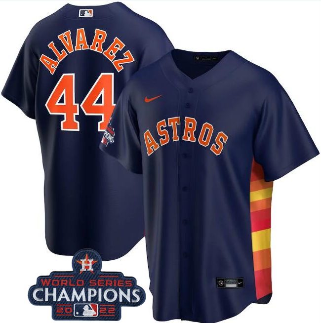 Men's Houston Astros #44 Yordan Alvarez Navy 2022 World Series Champions Stitched Baseball Jersey Men's Houston Astros #44 Yordan Alvarez Navy 2022 World Series Champions Stitched Baseball Jersey