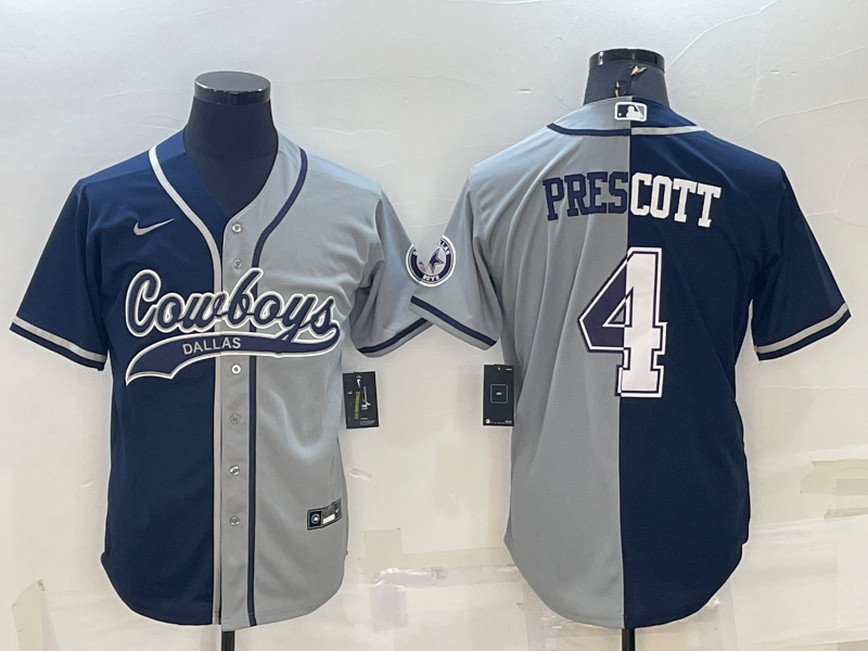 Men's Dallas Cowboys #4 Dak Prescott Navy/Grey Split With Patch Cool Base Stitched Baseball Jersey Men's Dallas Cowboys #4 Dak Prescott Navy/Grey Split With Patch Cool Base Stitched Baseball Jersey