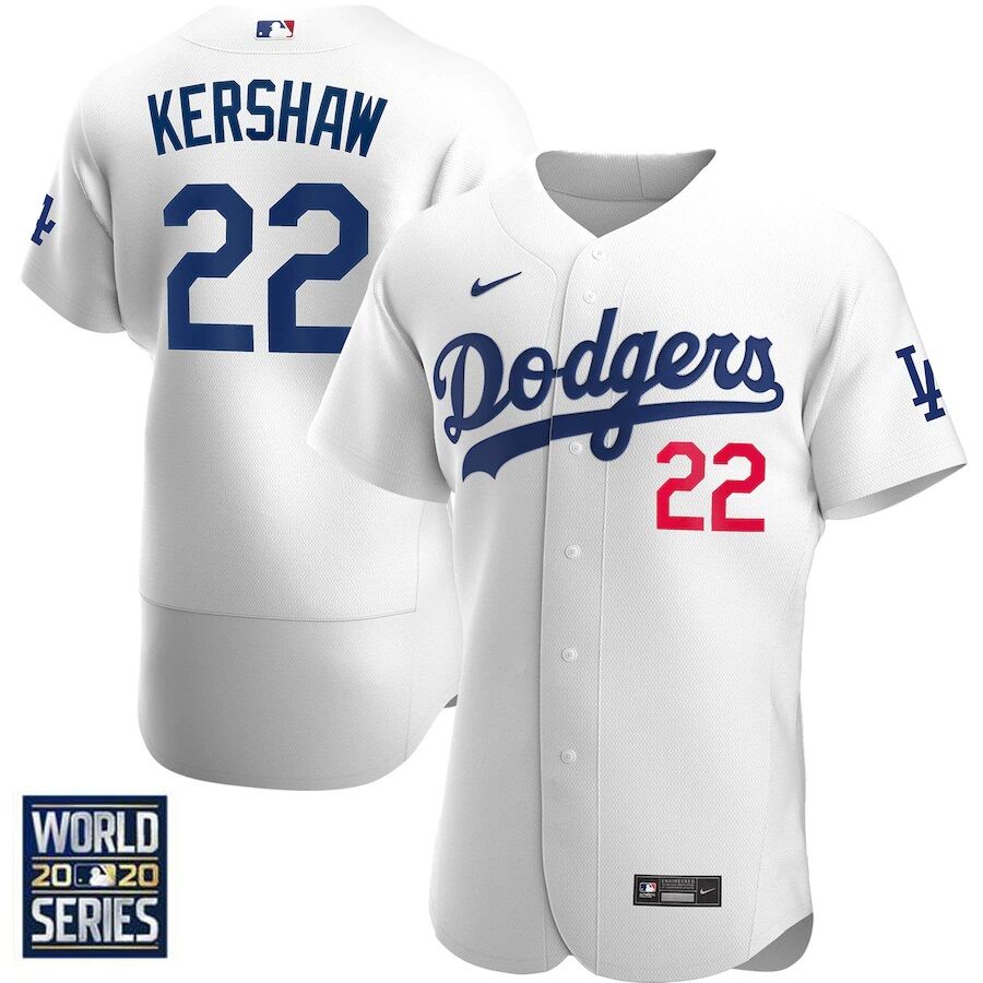 Men's Los Angeles Dodgers #22 Clayton Kershaw White 2020 World Series Bound stitched MLB Jersey Men's Los Angeles Dodgers #22 Clayton Kershaw White 2020 World Series Bound stitched MLB Jersey