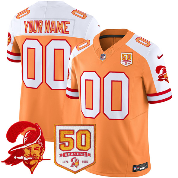 Men's Tampa Bay Buccaneers Active Player Custom Orange/White 2025 F.U.S.E. 50th Season Patch Throwback Vapor Untouchable Limited Aternate Stitched Football Jersey Men's Tampa Bay Buccaneers Active Player Custom Orange/White 2025 F.U.S.E. 50th Season Patch Throwback Vapor Untouchable Limited Aternate Stitched Football Jersey