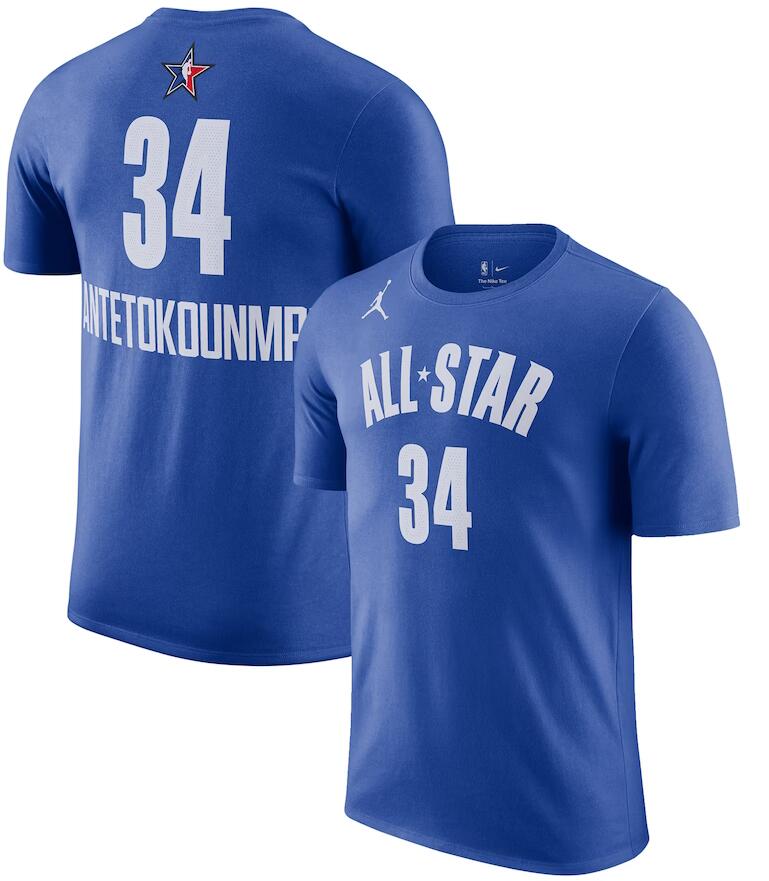 Men's #34 Giannis Antetokounmpo Blue 2023 NBA All-Star Game Name & Number T-Shirt Men's #34 Giannis Antetokounmpo Blue 2023 NBA All-Star Game Name & Number T-Shirt