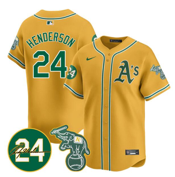 Men's Oakland Athletics #24 Ricky Henderson Yellow 2024 Home Limited With Patch Stitched Jersey Men's Oakland Athletics #24 Ricky Henderson Yellow 2024 Home Limited With Patch Stitched Jersey