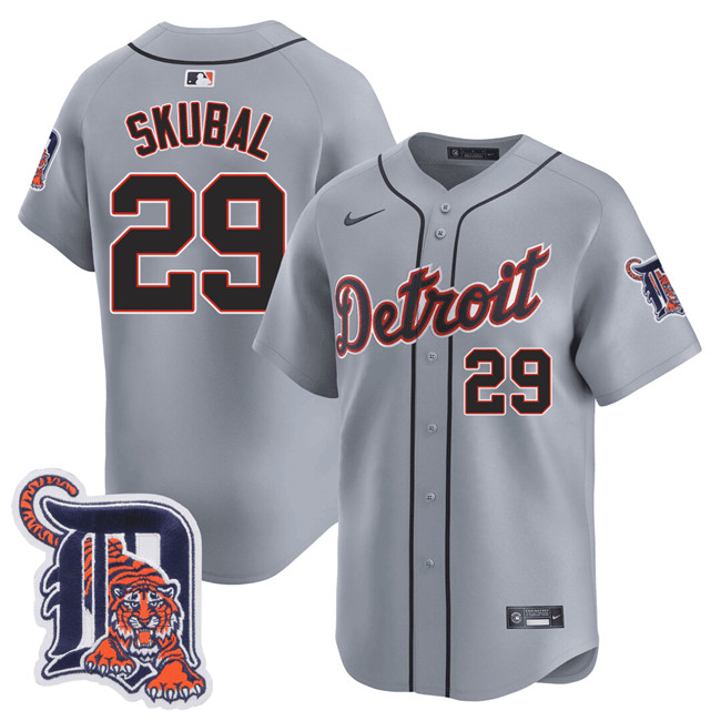Men's Detroit Tigers #29 Tarik Skubal Grey Logo Patch Vapor Premier Limited Stitched Baseball Jersey Men's Detroit Tigers #29 Tarik Skubal Grey Logo Patch Vapor Premier Limited Stitched Baseball Jersey
