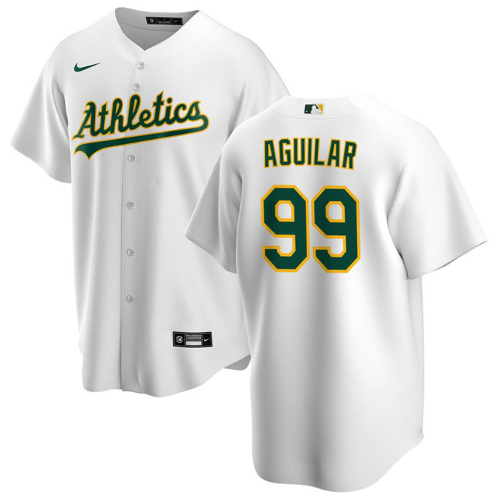 Men's Oakland Athletics #99 Jesús Aguilar White Cool Base Stitched Jersey Men's Oakland Athletics #99 Jesús Aguilar White Cool Base Stitched Jersey