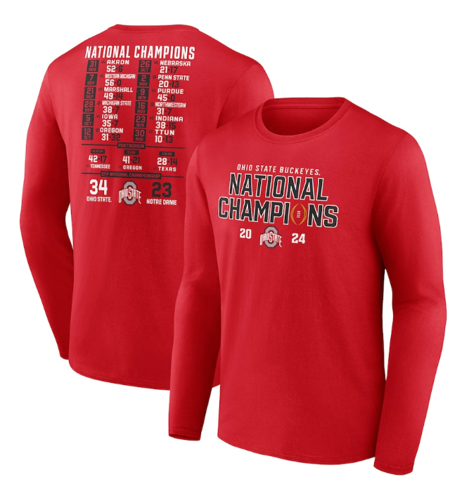 Men's Ohio State Buckeyes Red 2024 National Champions Schedule Long Sleeve T-Shirt