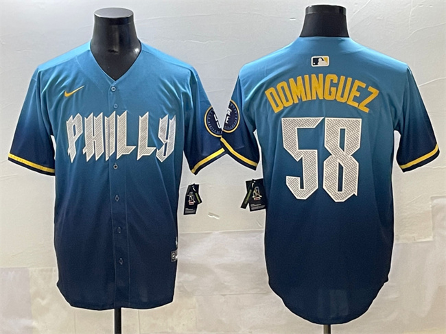Men's Philadelphia Phillies #58 Seranthony Domínguez Blue 2024 City Connect Limited Stitched Jersey Men's Philadelphia Phillies #58 Seranthony Domínguez Blue 2024 City Connect Limited Stitched Jersey