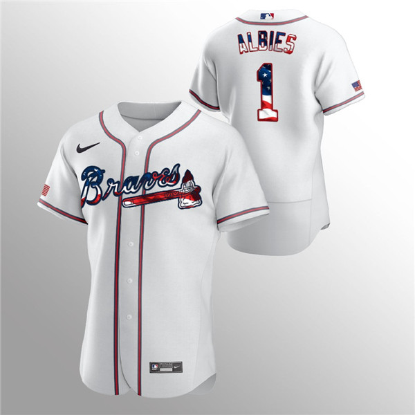Men's Atlanta Braves #1 Ozzie Albies White 2020 Stars & Stripes Flex Base Stitched Jersey Men's Atlanta Braves #1 Ozzie Albies White 2020 Stars & Stripes Flex Base Stitched Jersey