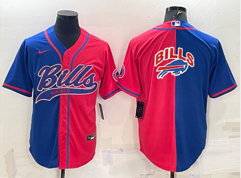 Men's Buffalo Bills Blank Royal/Red Split Team Big Logo With Patch Cool Base Stitched Baseball Jersey Men's Buffalo Bills Blank Royal/Red Split Team Big Logo With Patch Cool Base Stitched Baseball Jersey