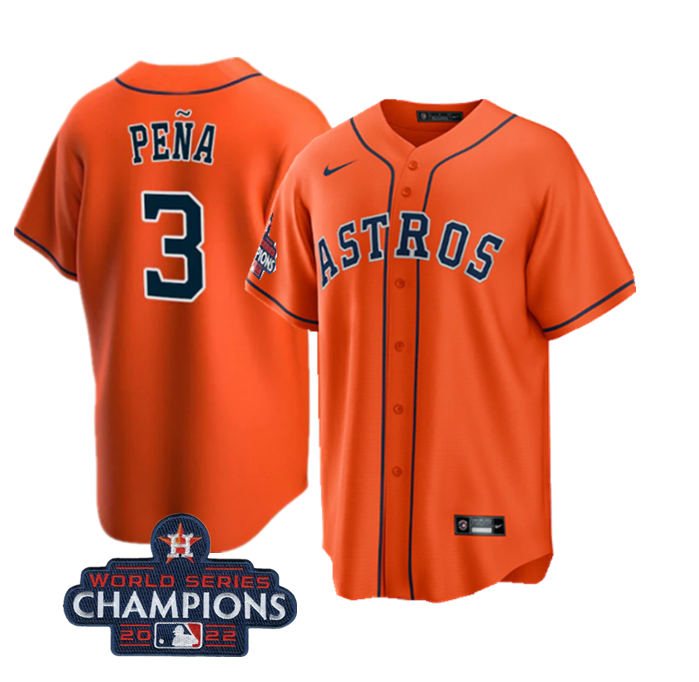 Men's Houston Astros #3 Jeremy Peña Orange 2022 World Series Champions Cool Base Stitched Baseball Jersey Men's Houston Astros #3 Jeremy Peña Orange 2022 World Series Champions Cool Base Stitched Baseball Jersey