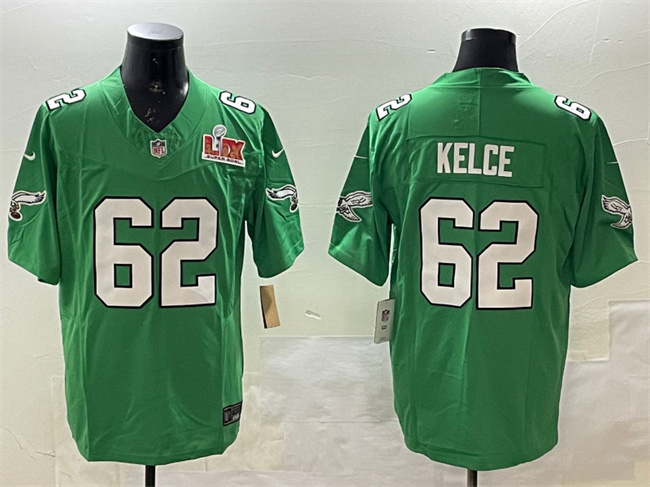 Men's Philadelphia Eagles #62 Jason Kelce Green 2025 Super Bowl LIX Patch F.U.S.E. Throwback Vapor Untouchable Limited Stitched Football Jersey Men's Philadelphia Eagles #62 Jason Kelce Green 2025 Super Bowl LIX Patch F.U.S.E. Throwback Vapor Untouchable Limited Stitched Football Jersey