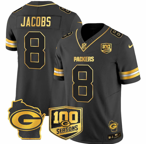 Men's Green Bay Packers #8 Josh Jacobs #8 Josh Jacobs Black Gold F.U.S.E.100 seasons With Home Patch Limited Stitched Football Je Men's Green Bay Packers #8 Josh Jacobs #8 Josh Jacobs Black Gold F.U.S.E.100 seasons With Home Patch Limited Stitched Football Je
