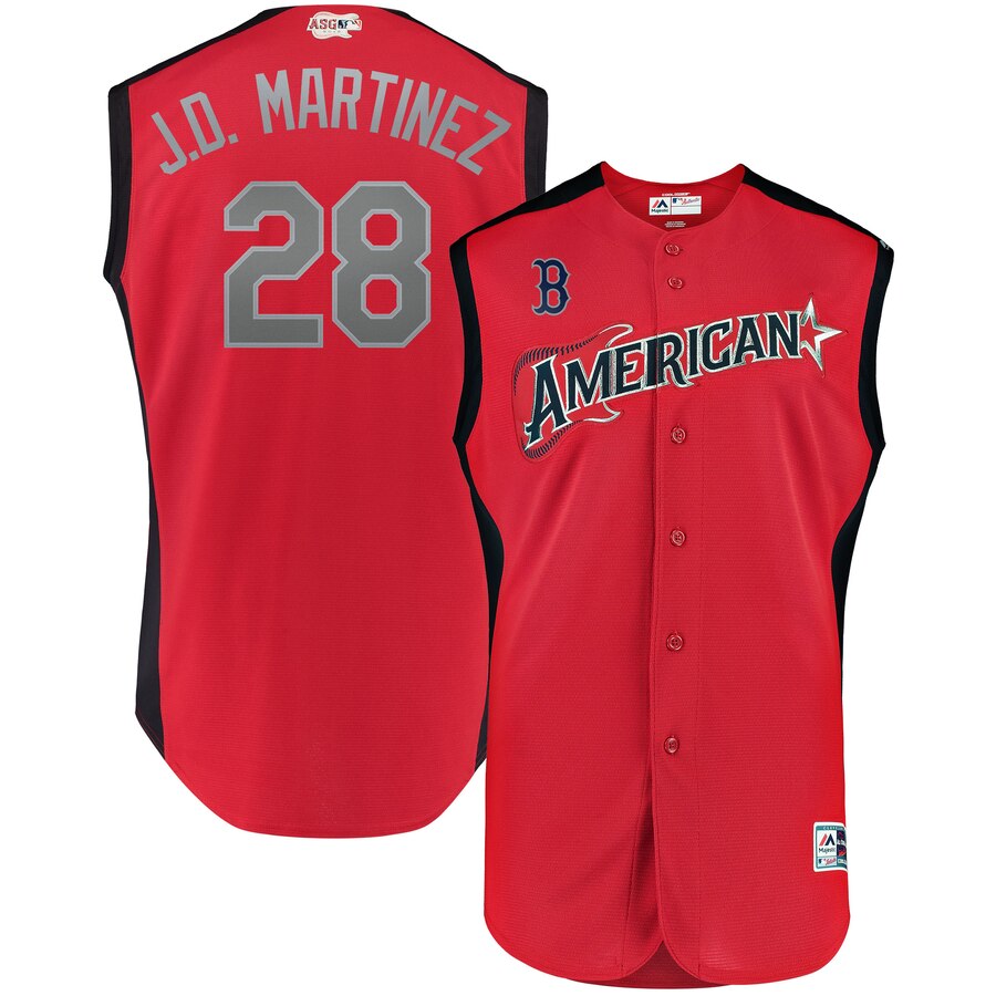 American League #28 J.D. Martinez Majestic 2019 MLB All-Star Game Workout Player Jersey Red American League #28 J.D. Martinez Majestic 2019 MLB All-Star Game Workout Player Jersey Red