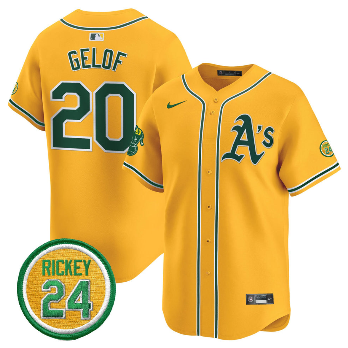 Men's Oakland Athletics #20 Zack Gelof Yellow 2024 Limited With Rickey Henderson Patch Stitched Jersey Men's Oakland Athletics #20 Zack Gelof Yellow 2024 Limited With Rickey Henderson Patch Stitched Jersey