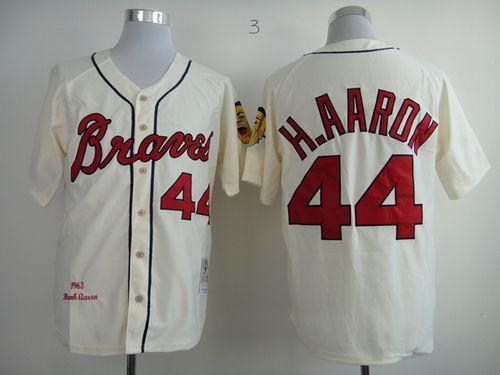 Mitchell And Ness 1963 Braves #44 Hank Aaron Cream Throwback Stitched MLB Jersey Mitchell And Ness 1963 Braves #44 Hank Aaron Cream Throwback Stitched MLB Jersey