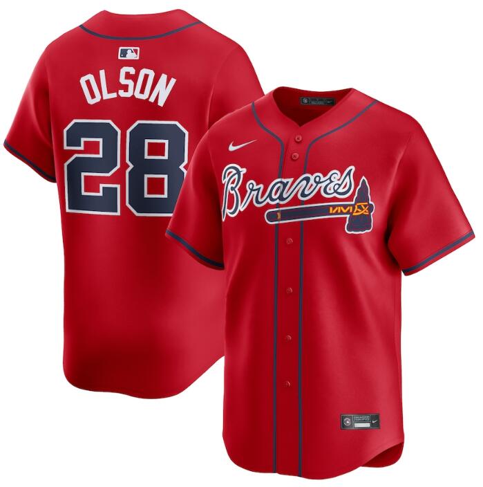 Men's Atlanta Braves #28 Matt Olson Red 2024 Alternate Limited Stitched Baseball Jersey Men's Atlanta Braves #28 Matt Olson Red 2024 Alternate Limited Stitched Baseball Jersey