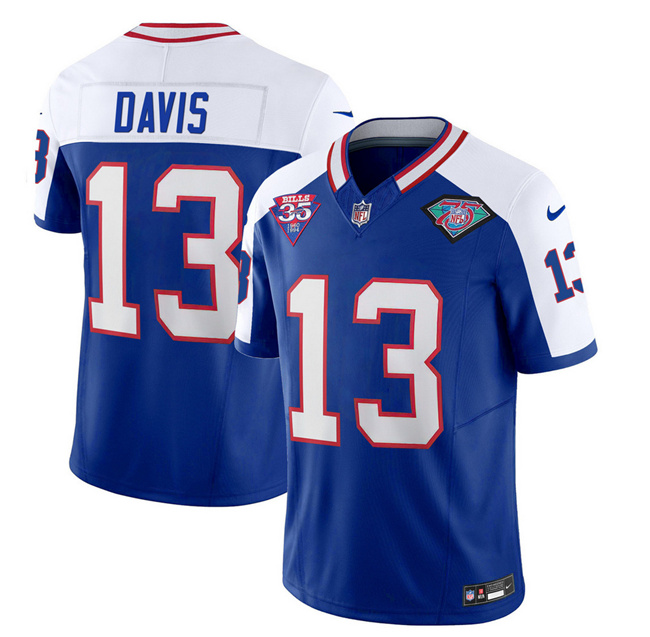 Men's Buffalo Bills #13 Gabe Davis Blue/White 75th Anniversary 2023 F.U.S.E. Throwback Vapor Untouchable Limited Stitched Jersey