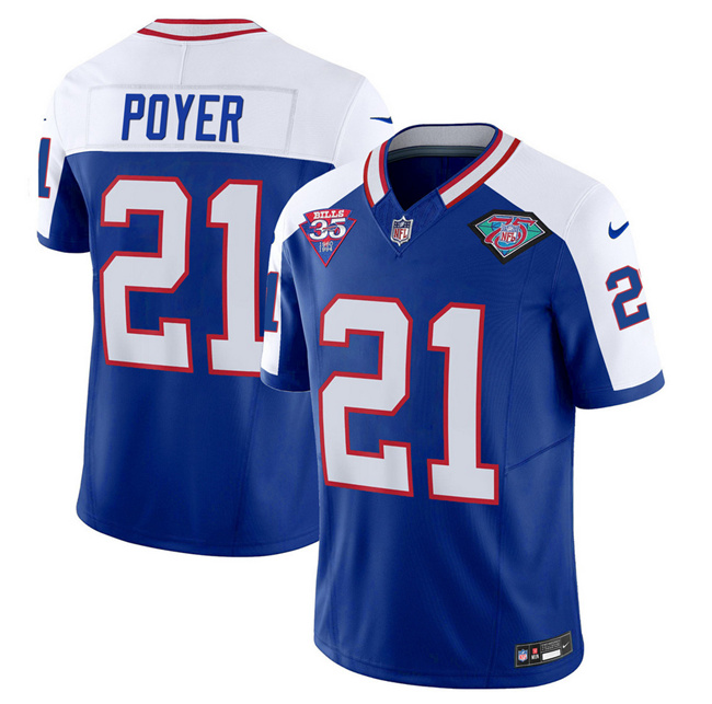 Men's Buffalo Bills #21 Jordan Poyer Blue/White 2023 F.U.S.E. 75th Anniversary Throwback Vapor Untouchable Limited Stitched Jersey Men's Buffalo Bills #21 Jordan Poyer Blue/White 2023 F.U.S.E. 75th Anniversary Throwback Vapor Untouchable Limited Stitched Jersey