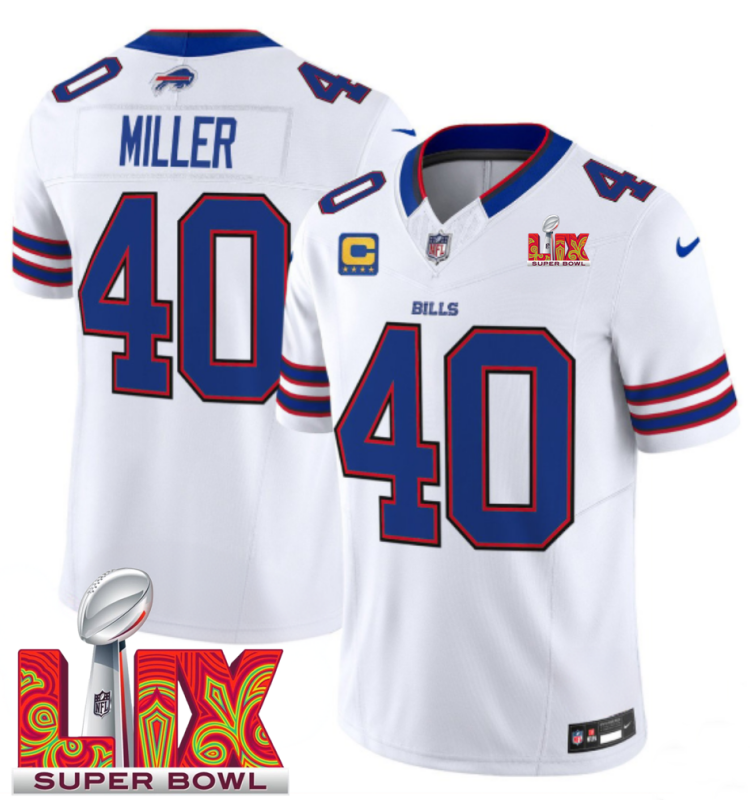 Men's Buffalo Bills #40 Von Miller White F.U.S.E. 24/25 Super Bowl LIX With 4-star C Ptach Vapor Untouchable Limited Stitched Football Jersey Men's Buffalo Bills #40 Von Miller White F.U.S.E. 24/25 Super Bowl LIX With 4-star C Ptach Vapor Untouchable Limited Stitched Football Jersey