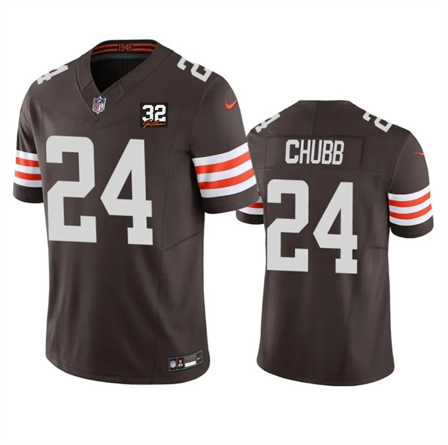 Men's Cleveland Browns #24 Nick Chubb Brown 2023 F.U.S.E. With Jim Brown Memorial Patch Vapor Untouchable Limited Stitched Jersey Men's Cleveland Browns #24 Nick Chubb Brown 2023 F.U.S.E. With Jim Brown Memorial Patch Vapor Untouchable Limited Stitched Jersey