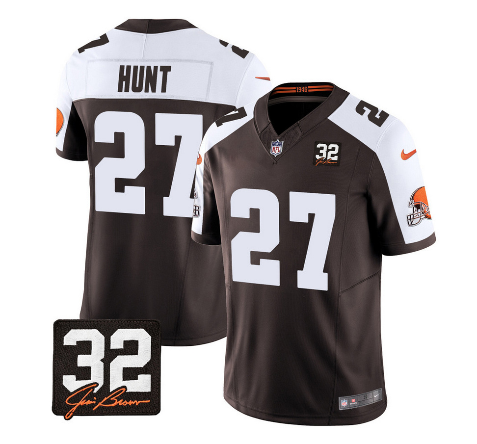 Men's Cleveland Browns #27 Kareem Hunt Brown/White 2023 F.U.S.E. With Jim Brown Memorial Patch Vapor Untouchable Limited Stitched Jersey Men's Cleveland Browns #27 Kareem Hunt Brown/White 2023 F.U.S.E. With Jim Brown Memorial Patch Vapor Untouchable Limited Stitched Jersey