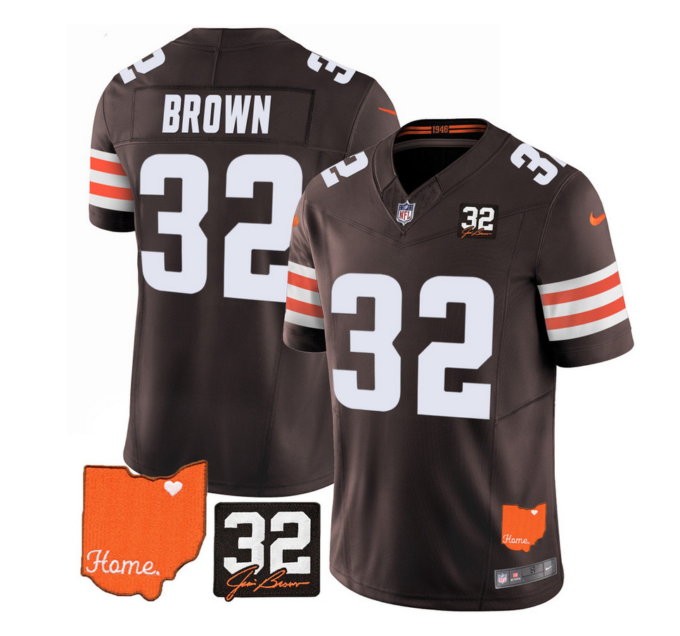Men's Cleveland Browns #32 Jim Brown Brown 2023 F.U.S.E. With Jim Brown Memorial Patch Vapor Untouchable Limited Stitched Jersey Men's Cleveland Browns #32 Jim Brown Brown 2023 F.U.S.E. With Jim Brown Memorial Patch Vapor Untouchable Limited Stitched Jersey