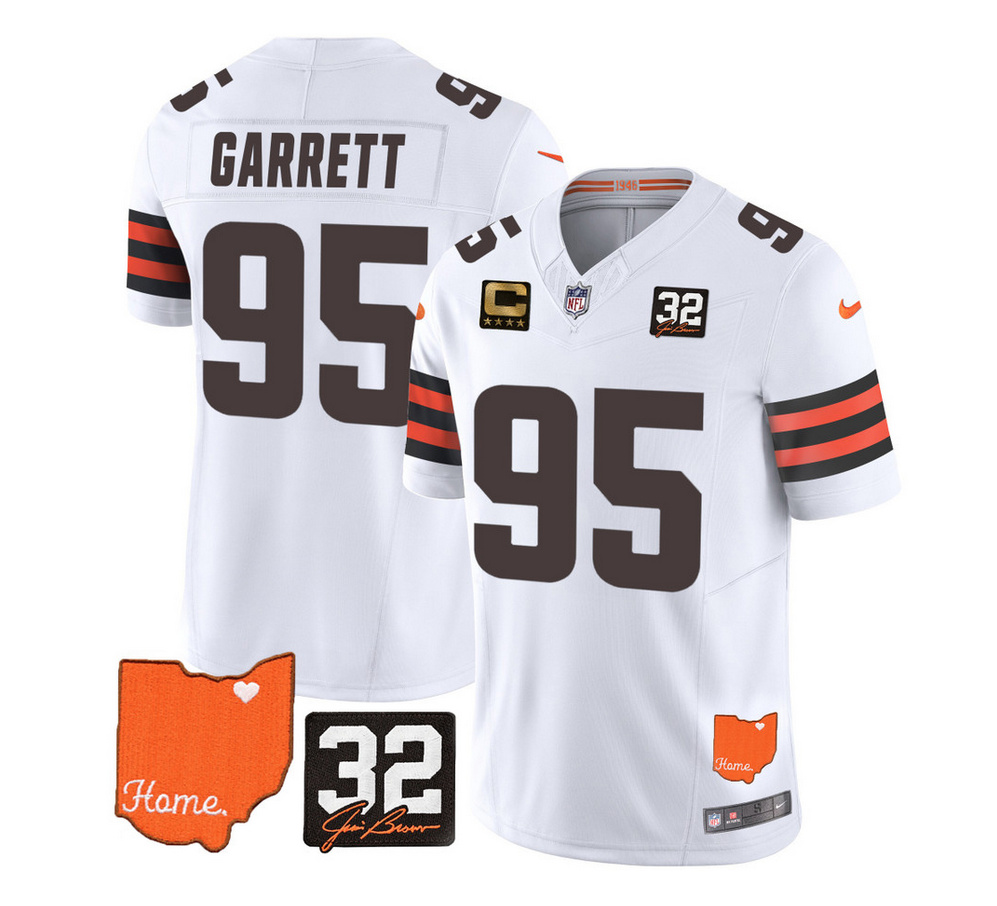 Men's Cleveland Browns #95 Myles Garrett White 2023 F.U.S.E. With Jim Brown Memorial Patch And 4-Star C Patch Vapor Untouchable Limited Stitched Jersey Men's Cleveland Browns #95 Myles Garrett White 2023 F.U.S.E. With Jim Brown Memorial Patch And 4-Star C Patch Vapor Untouchable Limited Stitched Jersey
