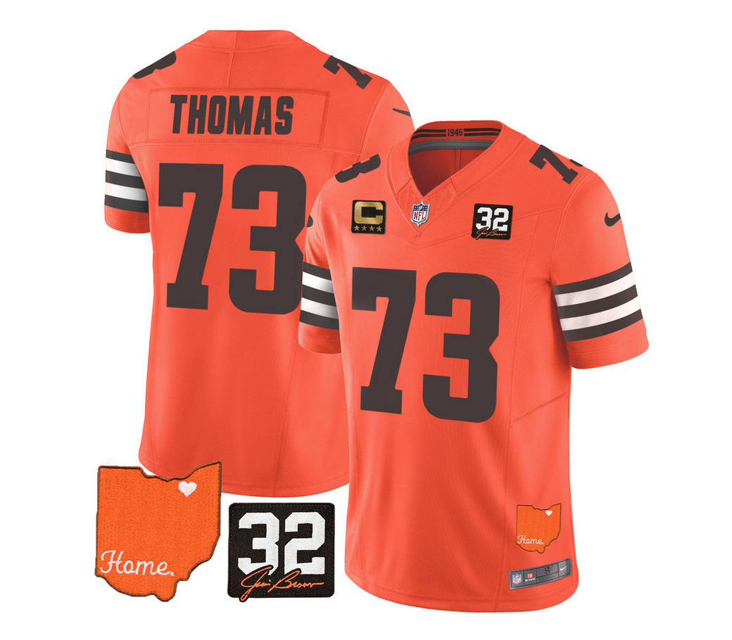 Men's Cleveland Browns #73 Joe Thomas Orange 2023 F.U.S.E. With Jim Brown Memorial Patch And 4-Star C Patch Vapor Untouchable Limited Stitched Jersey Men's Cleveland Browns #73 Joe Thomas Orange 2023 F.U.S.E. With Jim Brown Memorial Patch And 4-Star C Patch Vapor Untouchable Limited Stitched Jersey