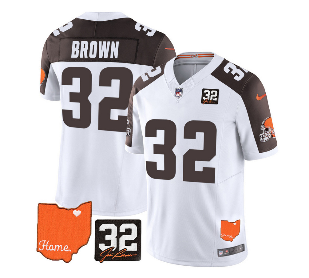Men's Cleveland Browns #32 Jim Brown White/Brown 2023 F.U.S.E. With Jim Brown Memorial Patch Vapor Untouchable Limited Stitched Jersey Men's Cleveland Browns #32 Jim Brown White/Brown 2023 F.U.S.E. With Jim Brown Memorial Patch Vapor Untouchable Limited Stitched Jersey