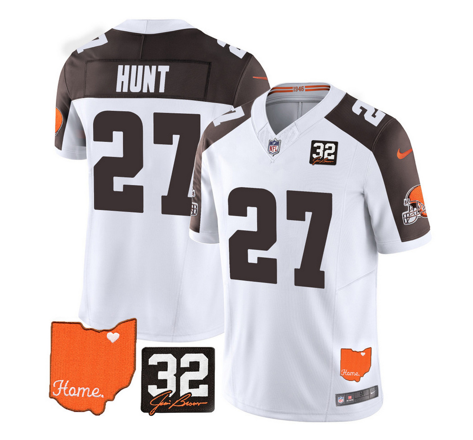 Men's Cleveland Browns #27 Kareem Hunt White/Brown 2023 F.U.S.E. With Jim Brown Memorial Patch Vapor Untouchable Limited Stitched Jersey Men's Cleveland Browns #27 Kareem Hunt White/Brown 2023 F.U.S.E. With Jim Brown Memorial Patch Vapor Untouchable Limited Stitched Jersey