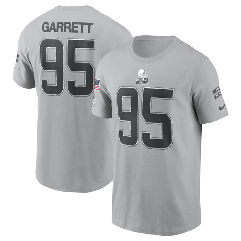 Men's Cleveland Browns #95 Myles Garrett 2024 Gray Salute To Service Name & Number T-Shirt Men's Cleveland Browns #95 Myles Garrett 2024 Gray Salute To Service Name & Number T-Shirt