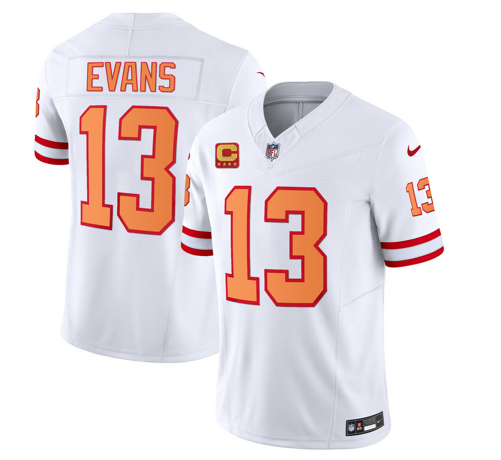 Men's Tampa Bay Buccaneers #13 Mike Evans 2023 F.U.S.E. White With 4-Star C Patch Throwback Limited Stitched Jersey Men's Tampa Bay Buccaneers #13 Mike Evans 2023 F.U.S.E. White With 4-Star C Patch Throwback Limited Stitched Jersey