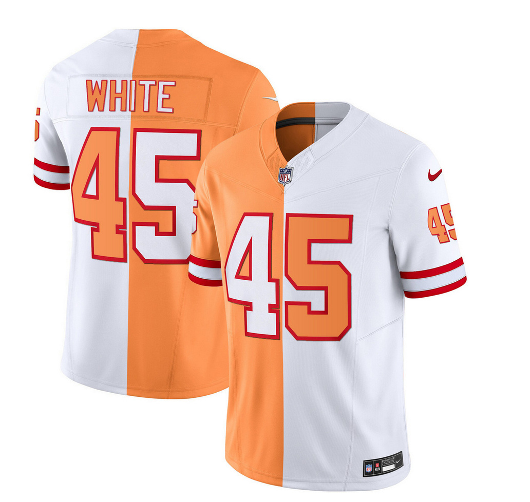 Men's Tampa Bay Buccaneers #45 Devin White 2023 F.U.S.E. White/Gold Split Throwback Limited Stitched Jersey Men's Tampa Bay Buccaneers #45 Devin White 2023 F.U.S.E. White/Gold Split Throwback Limited Stitched Jersey