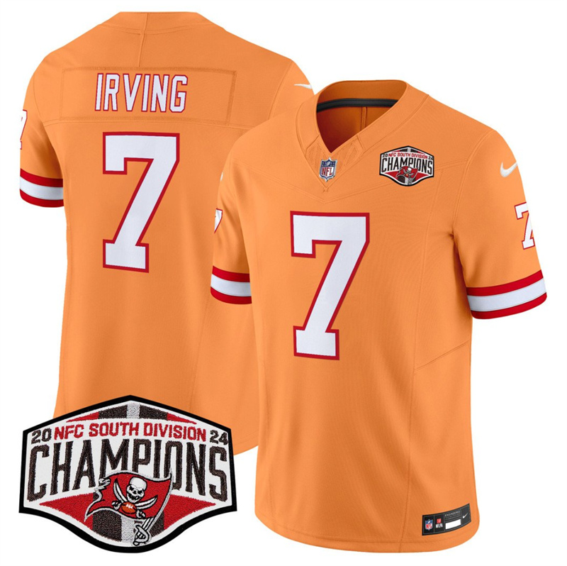 Men's Tampa Bay Buccaneers #7 Bucky Irving Orange F.U.S.E. 2024 NFC South Champions Limited Stitched Jersey Men's Tampa Bay Buccaneers #7 Bucky Irving Orange F.U.S.E. 2024 NFC South Champions Limited Stitched Jersey