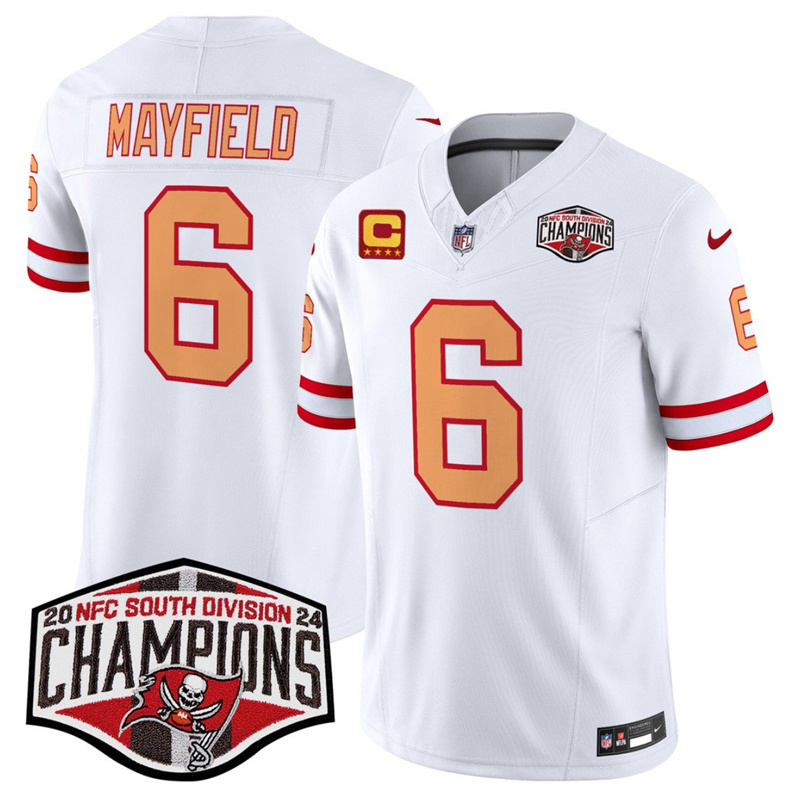 Men's Tampa Bay Buccaneers #6 Baker Mayfield White F.U.S.E. 2024 NFC South Champions With 4-Star C Patch Limited Stitched Jersey Men's Tampa Bay Buccaneers #6 Baker Mayfield White F.U.S.E. 2024 NFC South Champions With 4-Star C Patch Limited Stitched Jersey