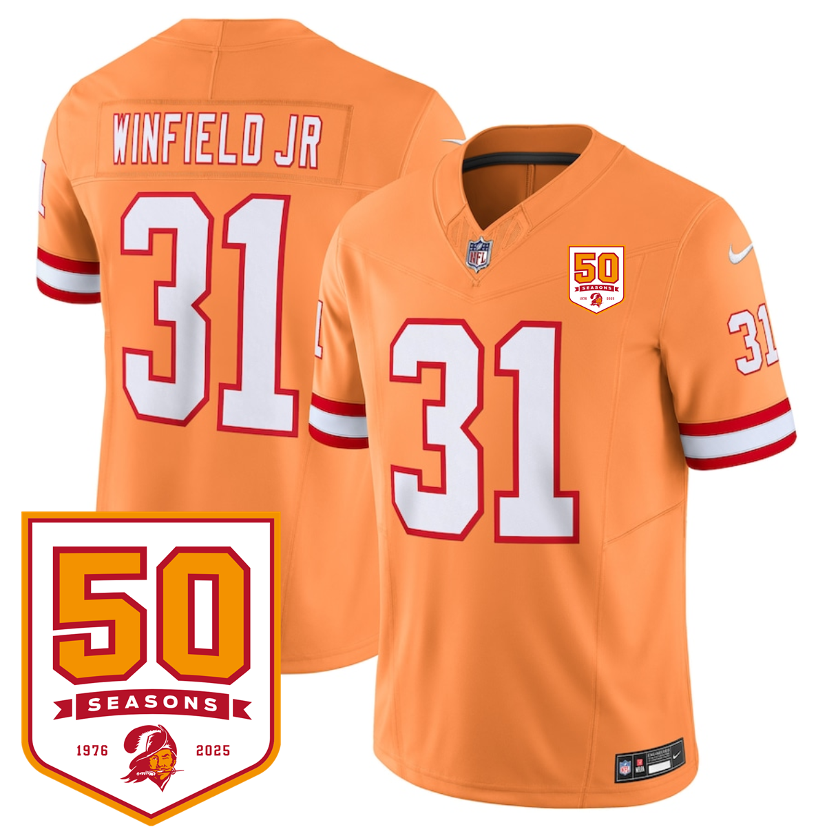 Men's Tampa Bay Buccaneers #31 Antoine Winfield Jr. Orange 2025 F.U.S.E. 50th Anniversary Patch Vapor Limited Stitched Jersey Men's Tampa Bay Buccaneers #31 Antoine Winfield Jr. Orange 2025 F.U.S.E. 50th Anniversary Patch Vapor Limited Stitched Jersey