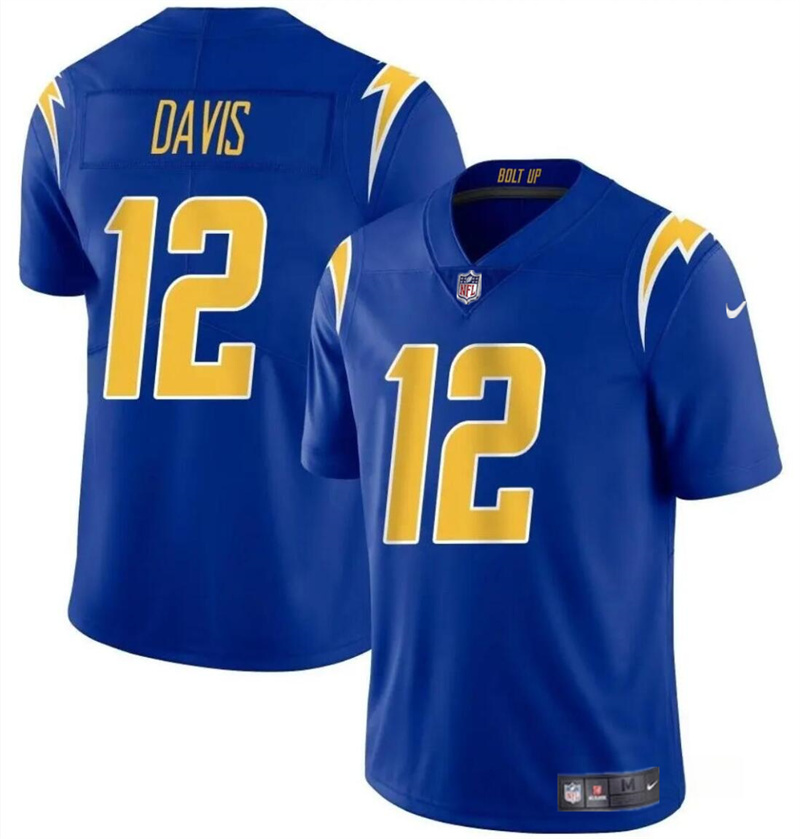 Men's Los Angeles Chargers #12 Derius Davis Royal 2024 Vapor Limited Stitched Football Jersey Men's Los Angeles Chargers #12 Derius Davis Royal 2024 Vapor Limited Stitched Football Jersey