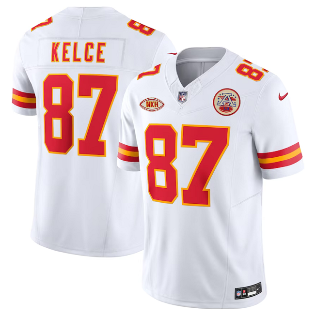 Men’s Kansas City Chiefs #87 Travis Kelce White 2023 F.U.S.E. With "NKH" Patch Vapor Untouchable Limited Stitched Jersey Men’s Kansas City Chiefs #87 Travis Kelce White 2023 F.U.S.E. With "NKH" Patch Vapor Untouchable Limited Stitched Jersey