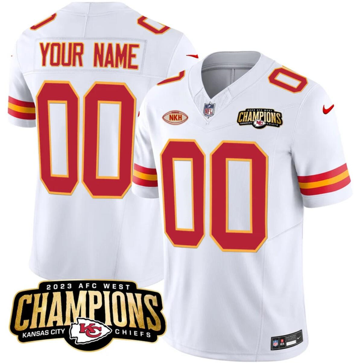 Men’s Kansas City Chiefs Active Player Custom White 2023 F.U.S.E. AFC West Champions With "NKH" Patch Vapor Untouchable Limited Stitched Jersey Men’s Kansas City Chiefs Active Player Custom White 2023 F.U.S.E. AFC West Champions With "NKH" Patch Vapor Untouchable Limited Stitched Jersey