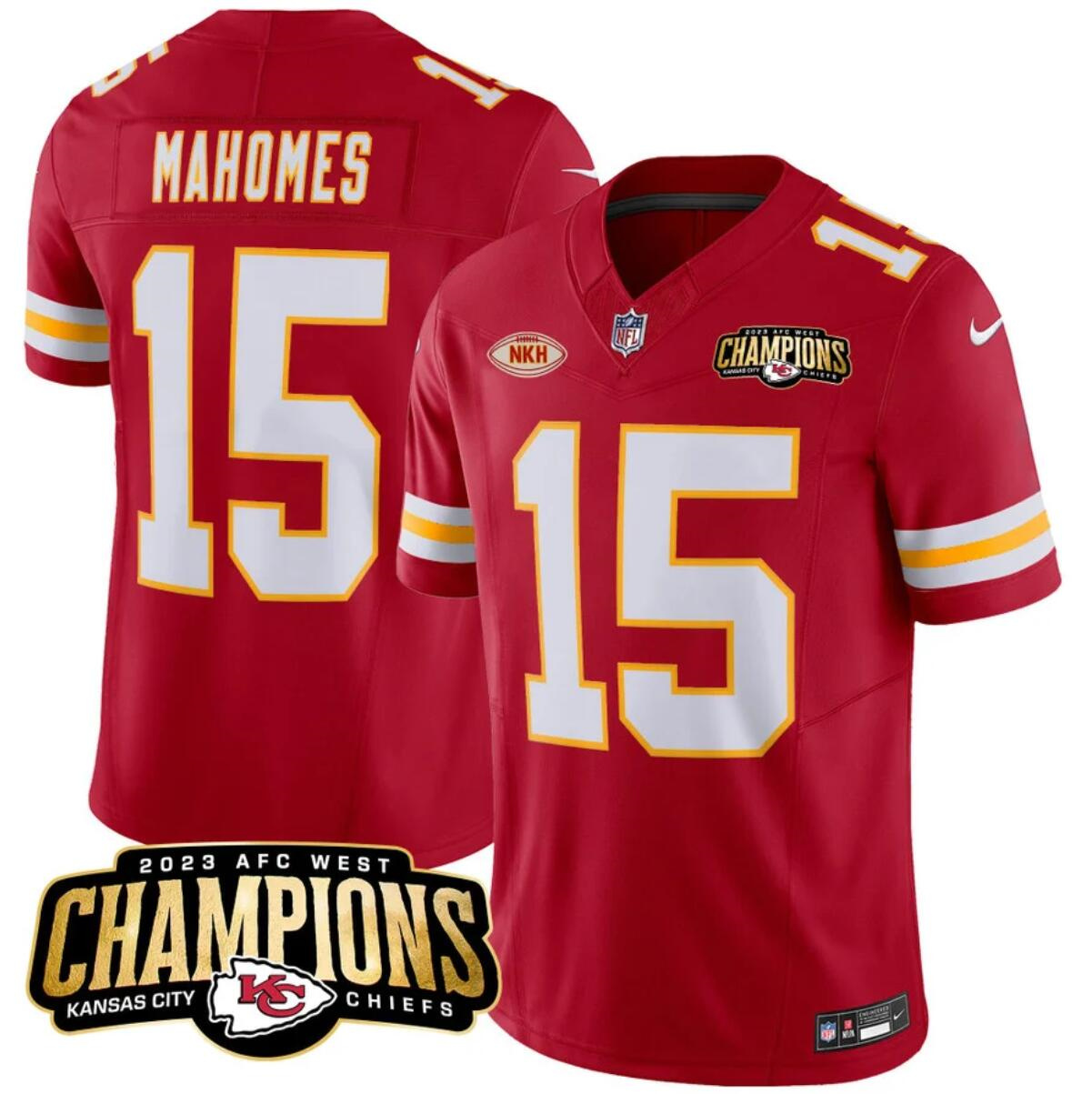 Men’s Kansas City Chiefs #15 Patrick Mahomes Red 2023 F.U.S.E. AFC West Champions With "NKH" Patch Vapor Untouchable Limited Stitched Jersey Men’s Kansas City Chiefs #15 Patrick Mahomes Red 2023 F.U.S.E. AFC West Champions With "NKH" Patch Vapor Untouchable Limited Stitched Jersey