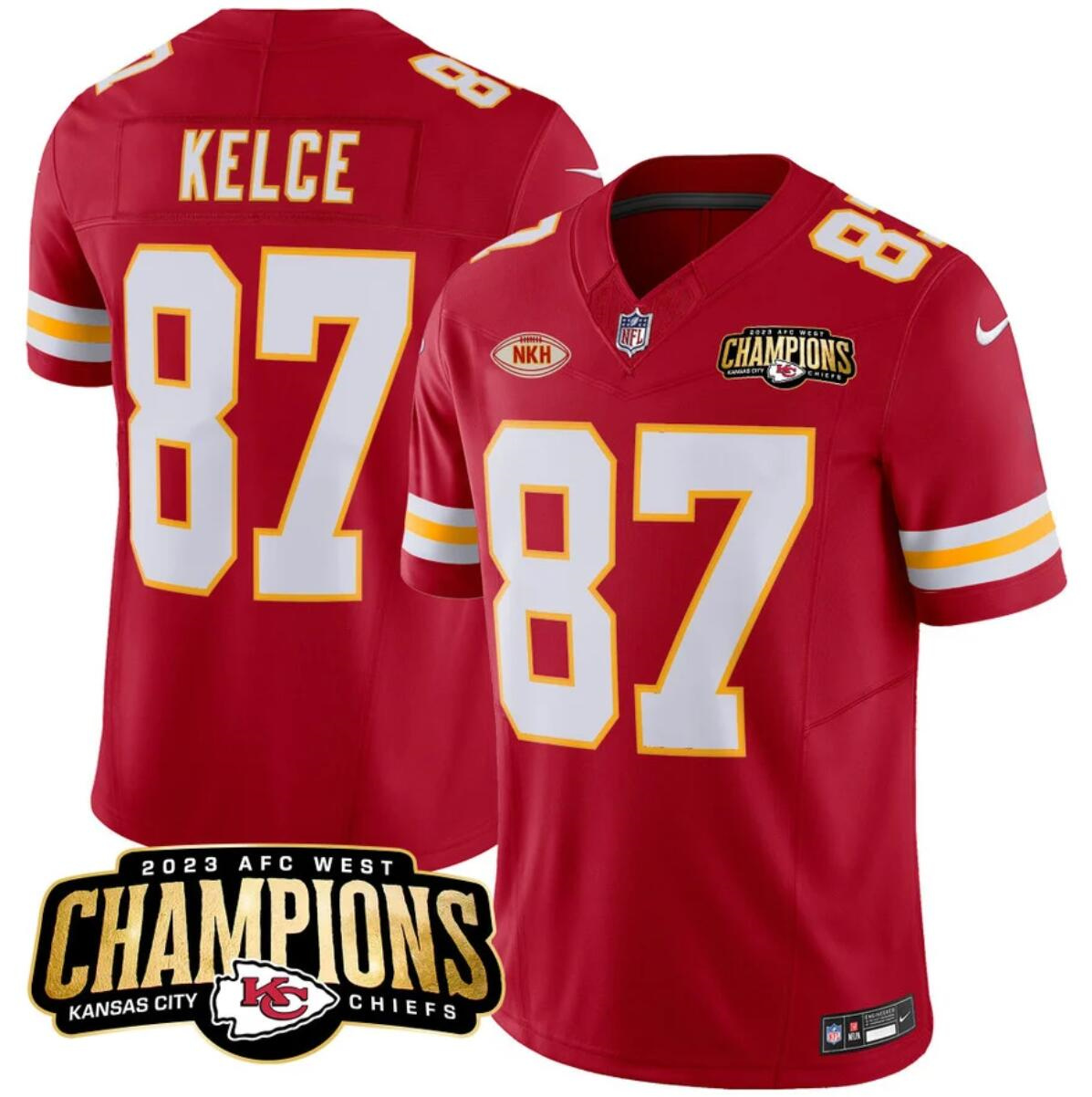 Men’s Kansas City Chiefs #87 Travis Kelce Red 2023 F.U.S.E. AFC West Champions With 