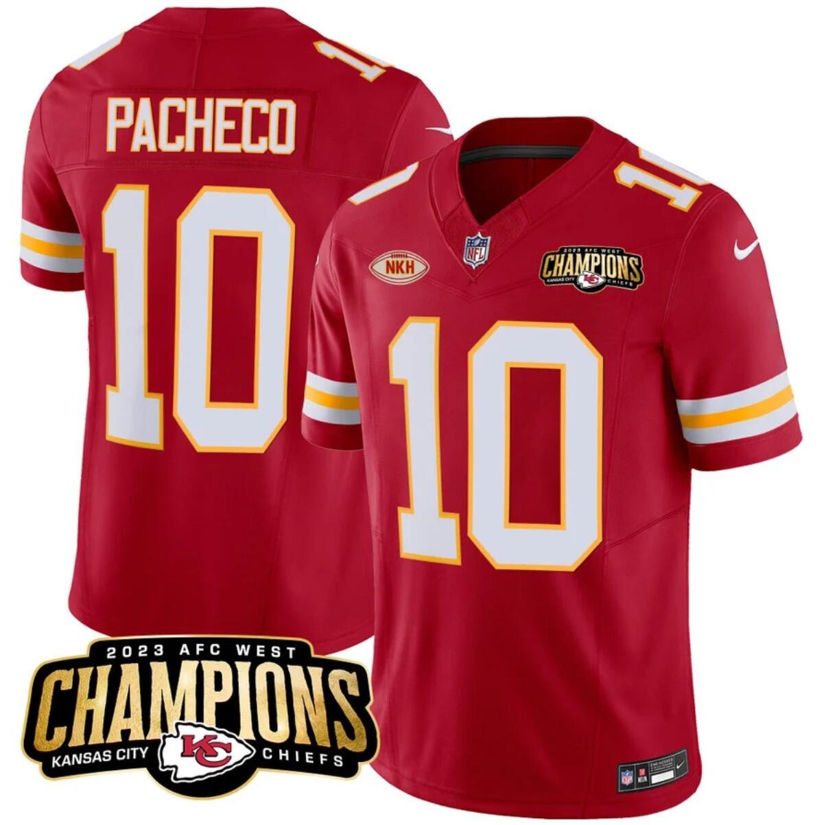 Men’s Kansas City Chiefs #10 Isiah Pacheco Red 2023 F.U.S.E. AFC West Champions With "NKH" Patch Vapor Untouchable Limited Stitched Jersey Men’s Kansas City Chiefs #10 Isiah Pacheco Red 2023 F.U.S.E. AFC West Champions With "NKH" Patch Vapor Untouchable Limited Stitched Jersey