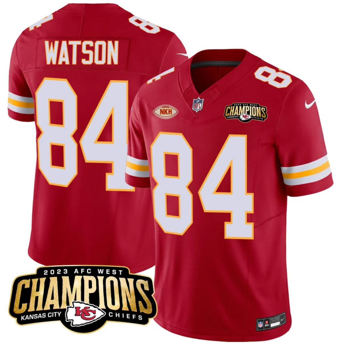 Men’s Kansas City Chiefs #84 Justin Watson Red 2023 F.U.S.E. AFC West Champions With 