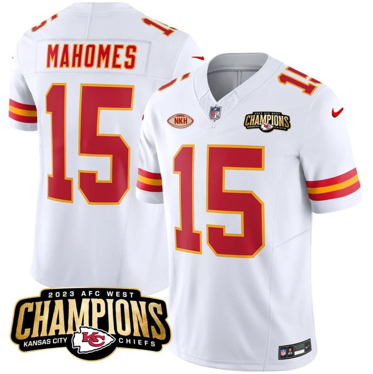Men’s Kansas City Chiefs #15 Patrick Mahomes White 2023 F.U.S.E. AFC West Champions With 