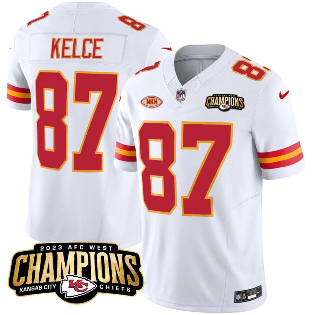 Men’s Kansas City Chiefs #87 Travis Kelce White 2023 F.U.S.E. AFC West Champions With "NKH" Patch Vapor Untouchable Limited Stitched Jersey Men’s Kansas City Chiefs #87 Travis Kelce White 2023 F.U.S.E. AFC West Champions With "NKH" Patch Vapor Untouchable Limited Stitched Jersey