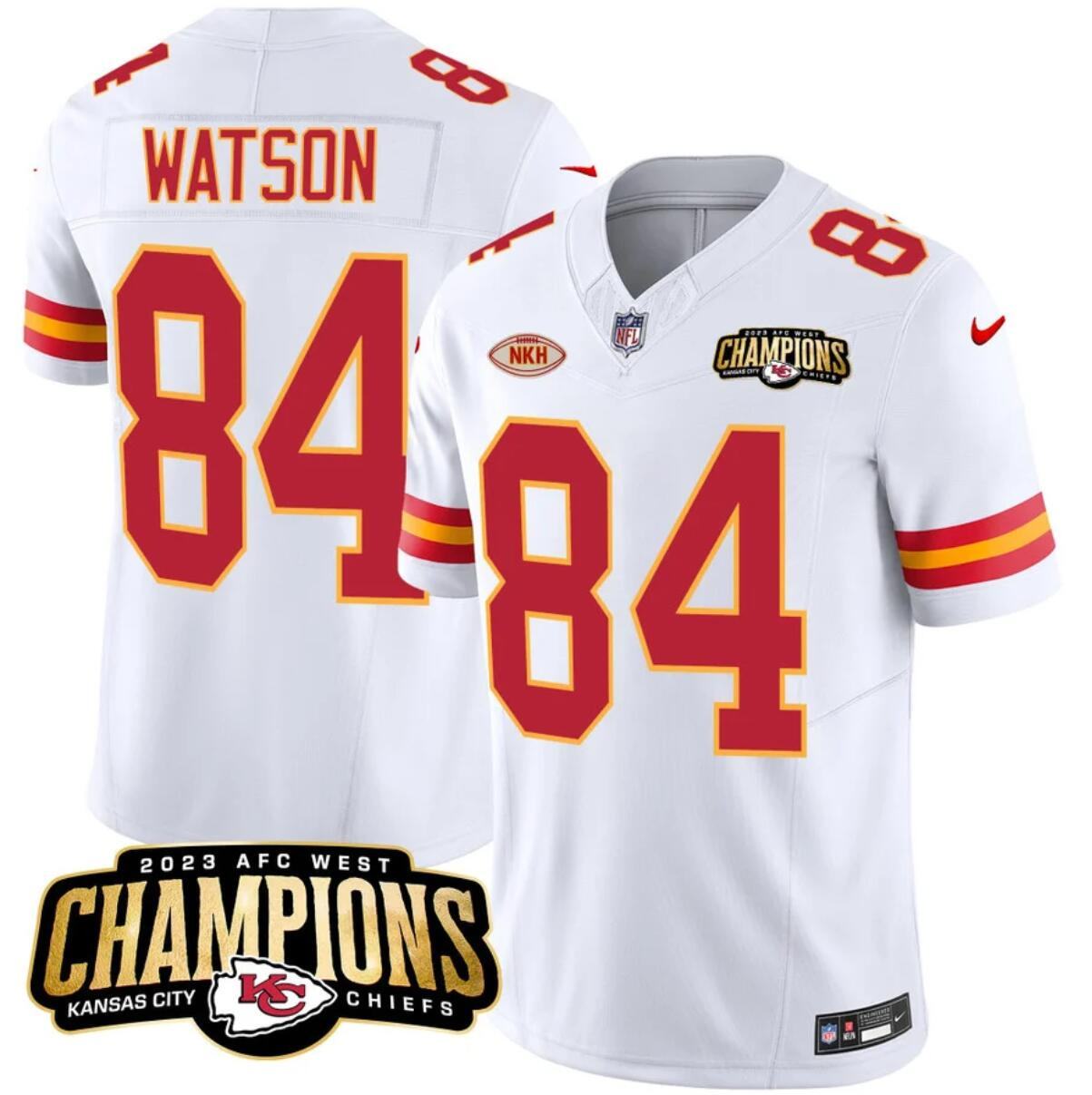 Men’s Kansas City Chiefs #84 Justin Watson White 2023 F.U.S.E. AFC West Champions With 
