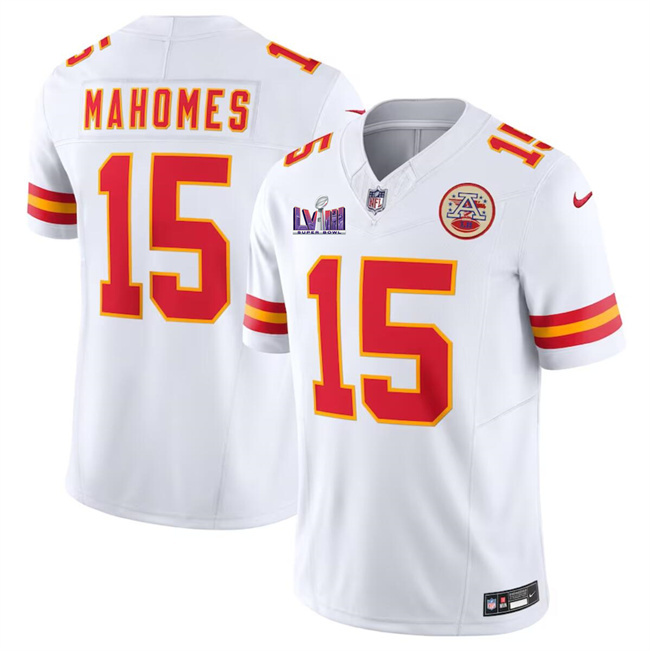 Men's Kansas City Chiefs #15 Patrick Mahomes White F.U.S.E. Super Bowl LVIII Patch Vapor Untouchable Limited Stitched Football Jersey Men's Kansas City Chiefs #15 Patrick Mahomes White F.U.S.E. Super Bowl LVIII Patch Vapor Untouchable Limited Stitched Football Jersey