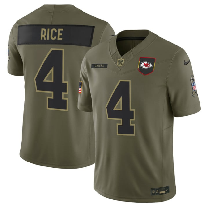 Men's Kansas City Chiefs #4 Rashee Rice Olive 2025 F.U.S.E. Salute to Service Limited Stitched Football Jersey Men's Kansas City Chiefs #4 Rashee Rice Olive 2025 F.U.S.E. Salute to Service Limited Stitched Football Jersey